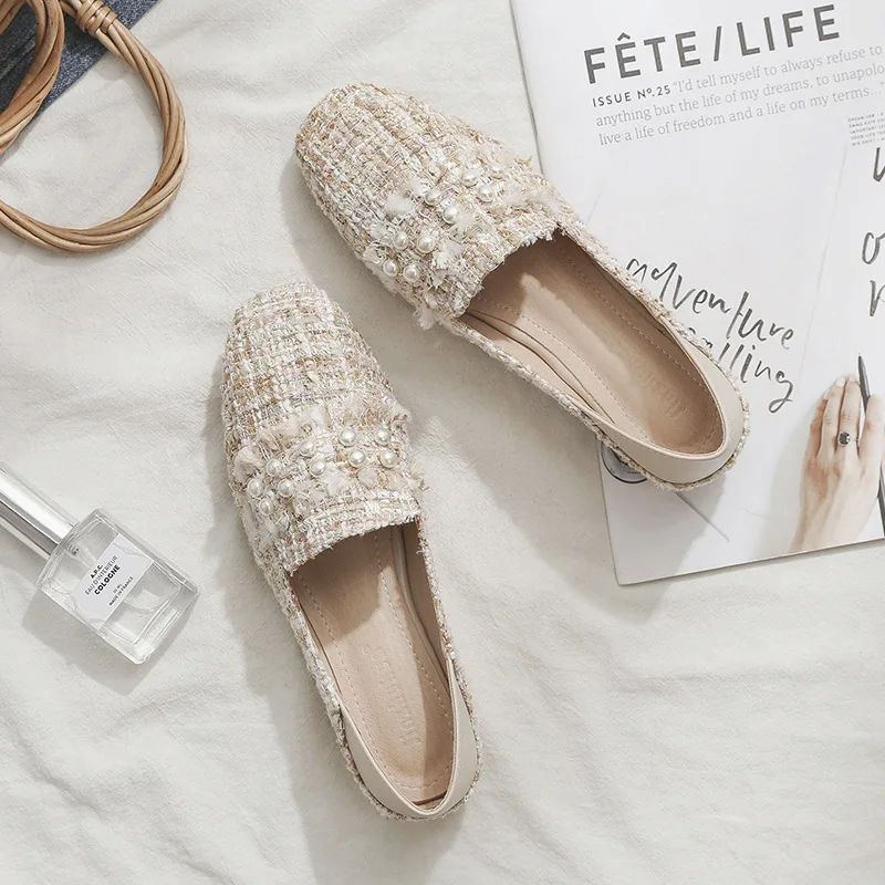 

2022 autumn new fashion flat-bottomed slip-on shoes beaded shallow mouth casual women's shoes
