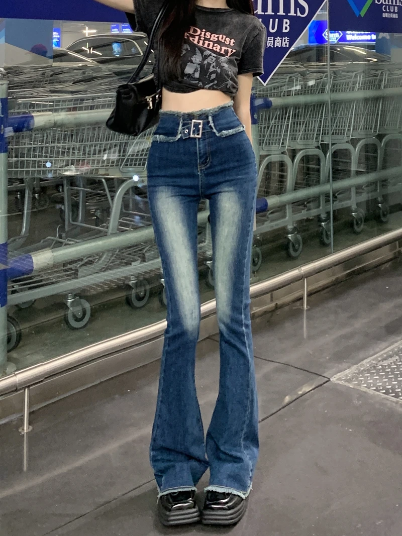 Vintage High Waist Slim Flare Jeans Spring Summer Chic Skinny Boot Cut Denim Pants Lady Streetwear Leggy Flare Jeans Trousers fashion gothic high waist jeans women chic side hit color wide leg denim pants female harajuku y2k streetwear straight trousers