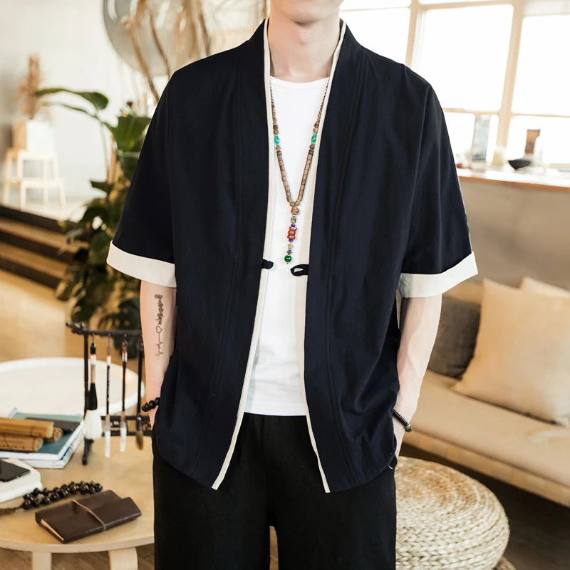 Men's Casual Blouse Cotton Linen Shirt Loose Tops Short Sleeve Chinese Clothing Handsome Men's Open Front Hanfu Coat Men Chinese Shirt