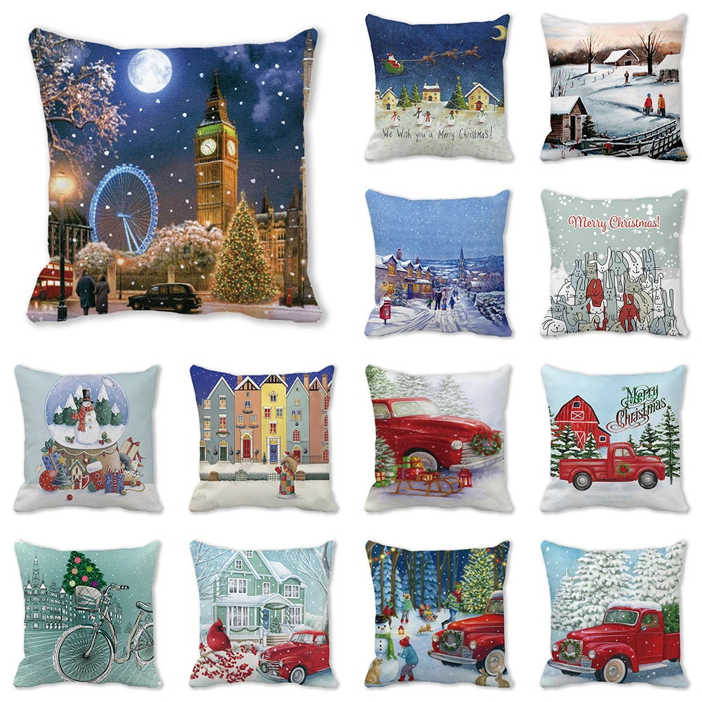 

Winter Merry Christmas Atmosphere Farmhouse Print Pattern Home Living Room Sofa Decoration Pillow Cover 45x45cm