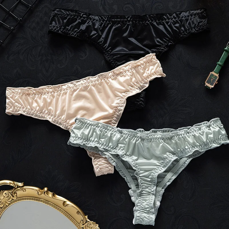 Luxury French Ruffle Satin Women'S Thong Sexy Underwear Ice Silk Cotton Crotch Panties Breathable Seamless Briefs Tanga Lingerie