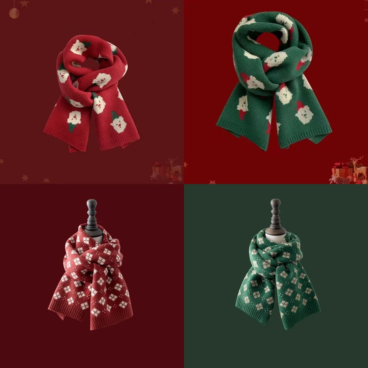 Christmas Warm Knitted Scarf For Women-Red Green Versatile Autumn Winter Neck Protection Scarf Festive Christmas Gift Accessory