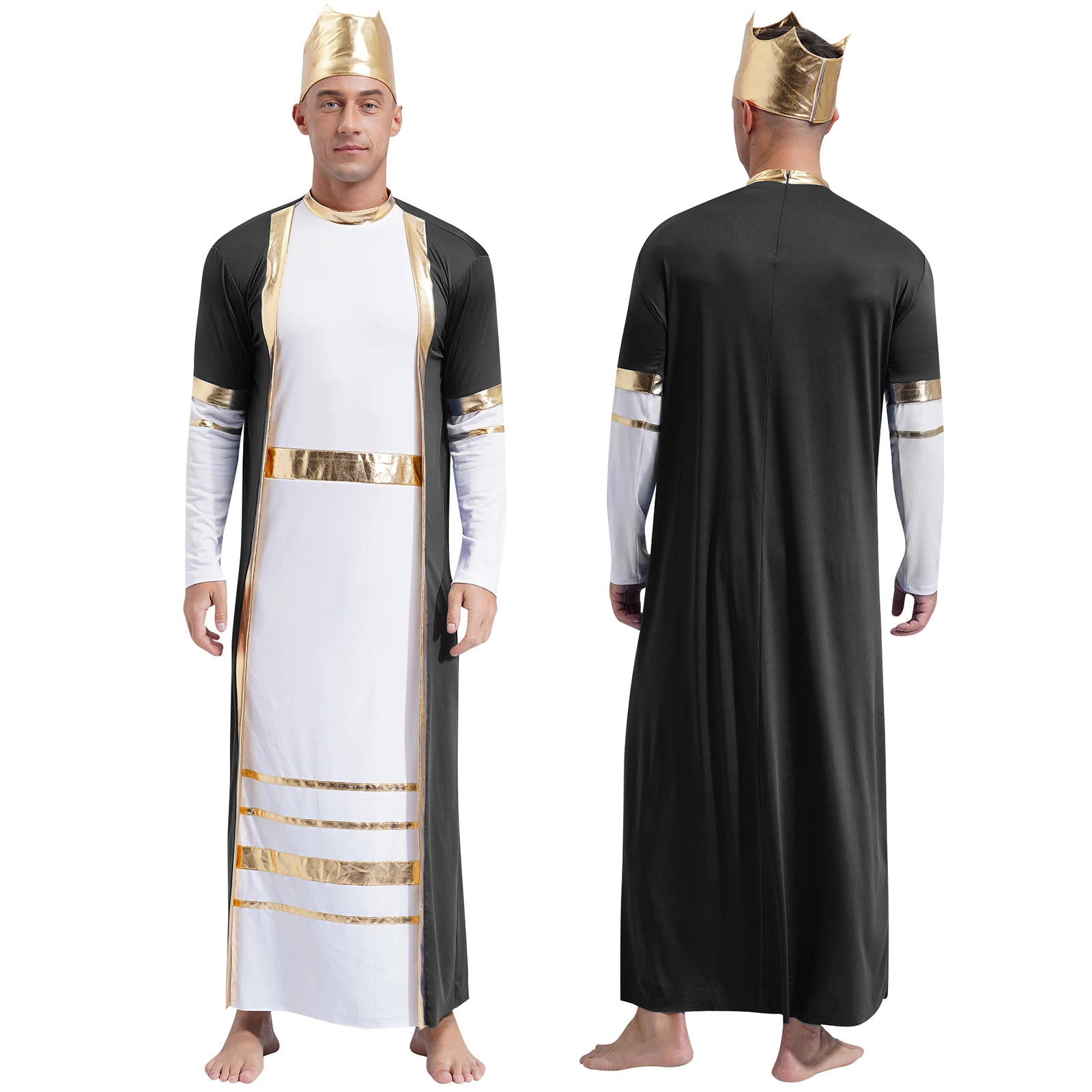 

Men Medieval Roman King Toga Ancient Greek God Cosplay Costume Long Sleeve Robe Dress with Metallic Headband for Halloween Party