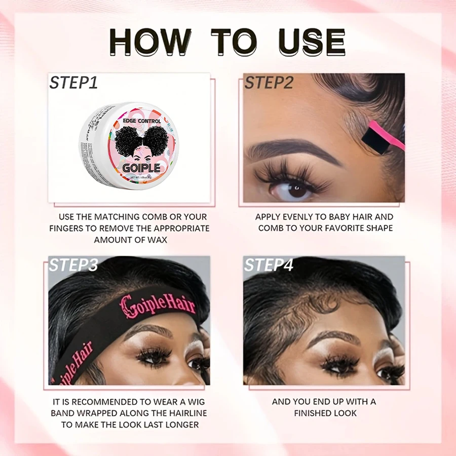 GOIPLE Edge Control Wax Set Edge  Gel for Long Lasting Hold All Baby Hairs Pomade for Tame Flyaways Hair Elastic Band Comb 4pcs 6