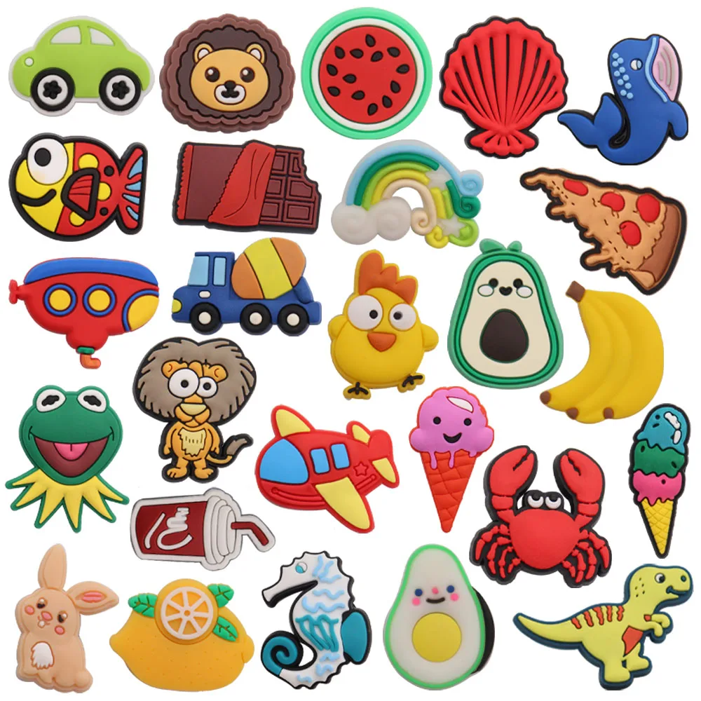 

50pcs Wholesale PVC Animals Lion Rainbow Dinosaur Shoe Charms Accessories Pizza Ice Cream Designer Ornaments Fit Backpack