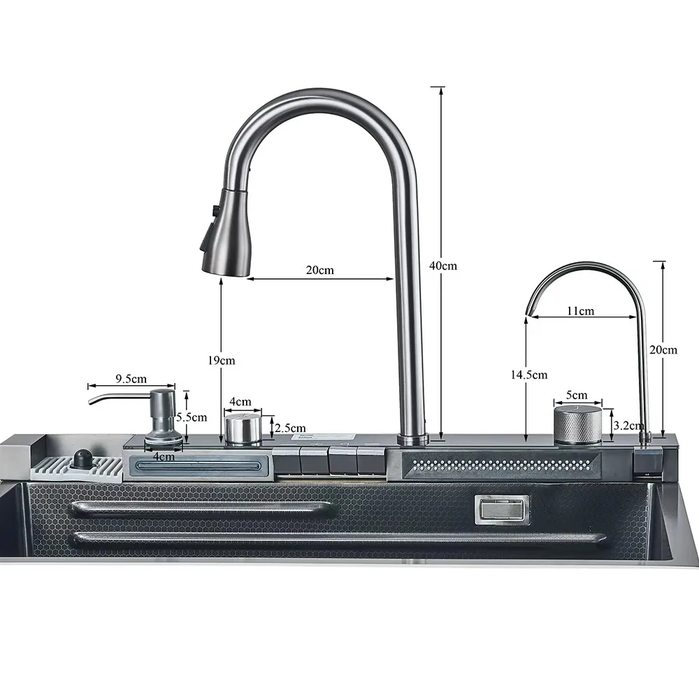 304 5 Water Discharge Modes Stainless Steel Waterfall Kitchen Sink Large Single Slot Integrated Digital Display Faucet Set