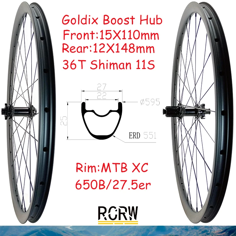 650B/27.5Er Mtb Xc 27 X25Mm Wheelset Cerchio In Carbonio 28 Fori 27 Wide 25 Deep Goldix Boost M350 36T Shiman 11V Hub Xd Ms 12S 12V Wing20