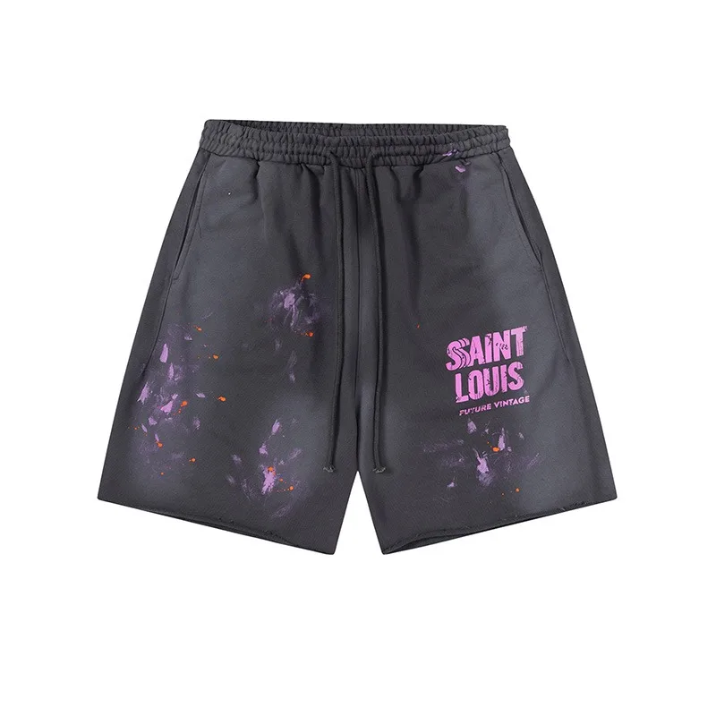 

2024ss Unisex SAINT LOUIS Handmade 1 Day Dirty Splashing Damaged Logo Split Pants Body Free Shorts