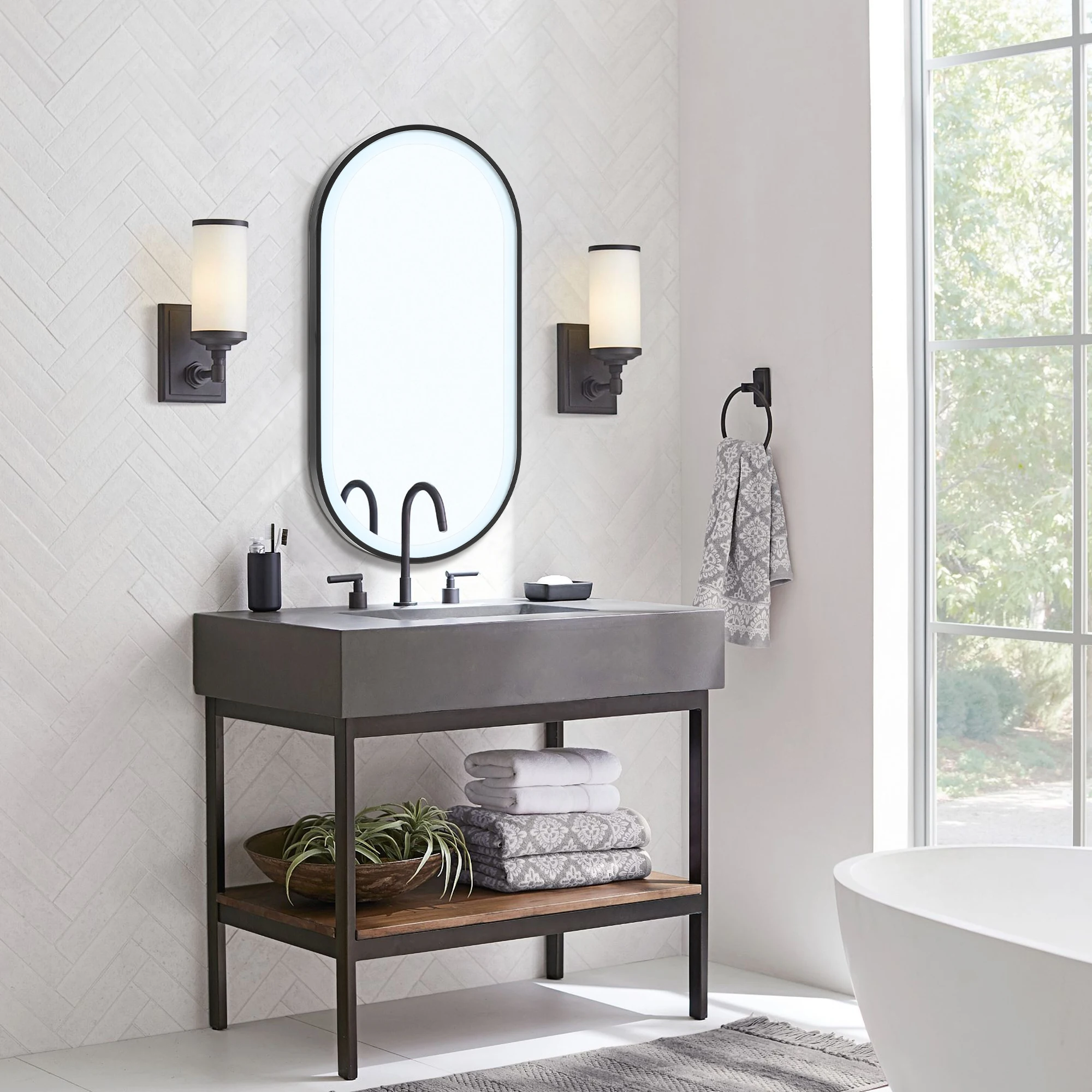 Oval Bathroom Mirror, LED Wall Mirror with Black Metal Frame, Bathroom Vanity Wall Mirror