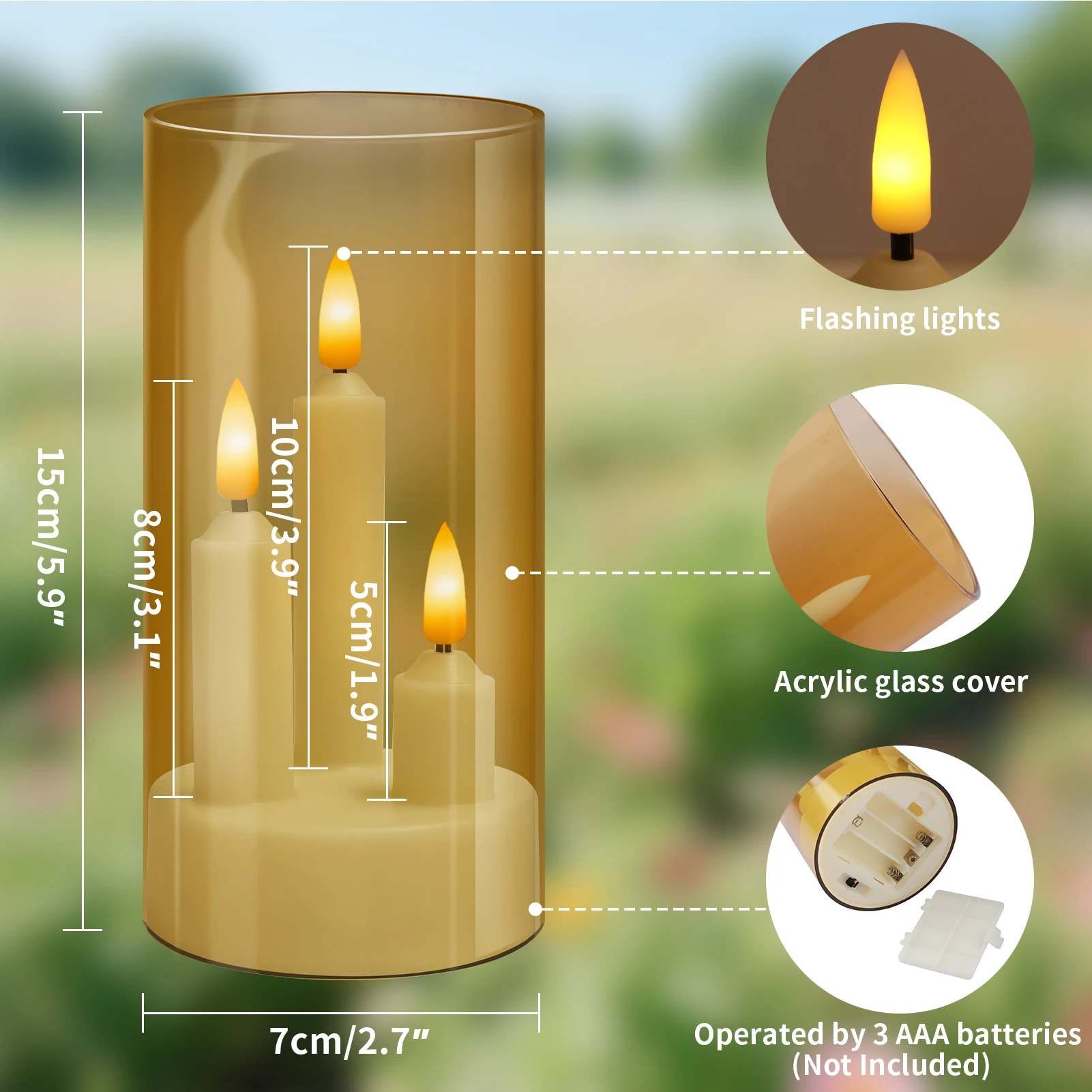 3 in 1 Flameless 5/8/10CM Taper Candles Battery Operated LED Acrylic Pillar Flickering LED Electronic Candles with Lampshade