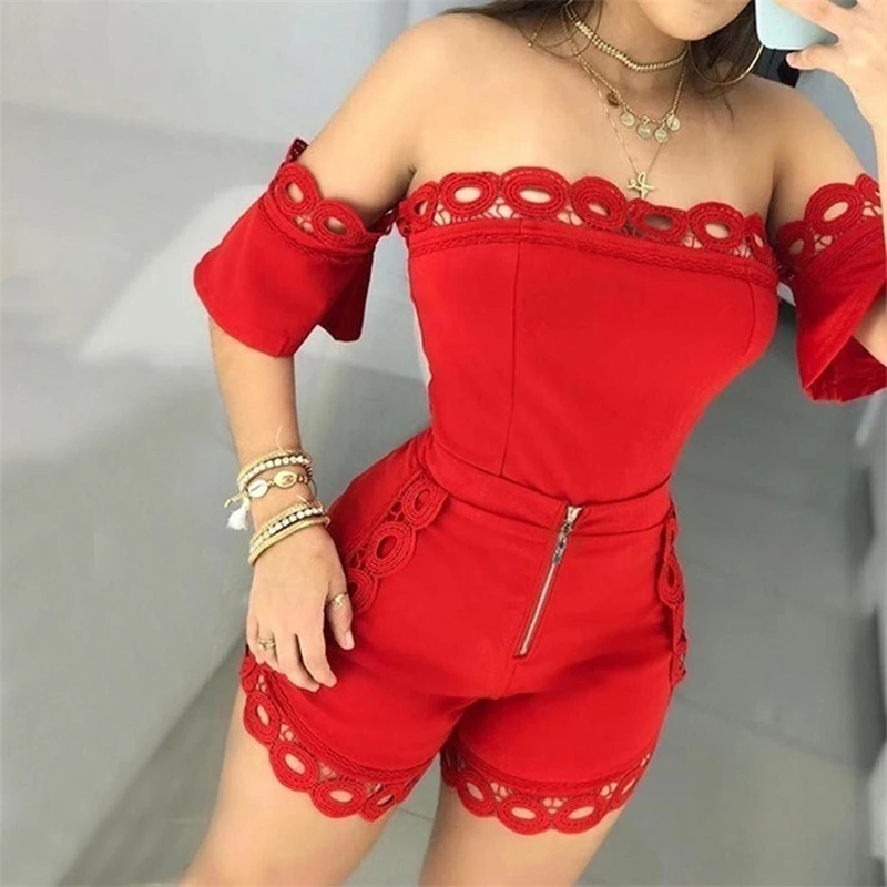 Lace Floral Off Shoulder Tracksuit Women Two Piece Set Summer Clothes Slash Neck Short Sleeve Top Shorts Suit Streetwear Outfits