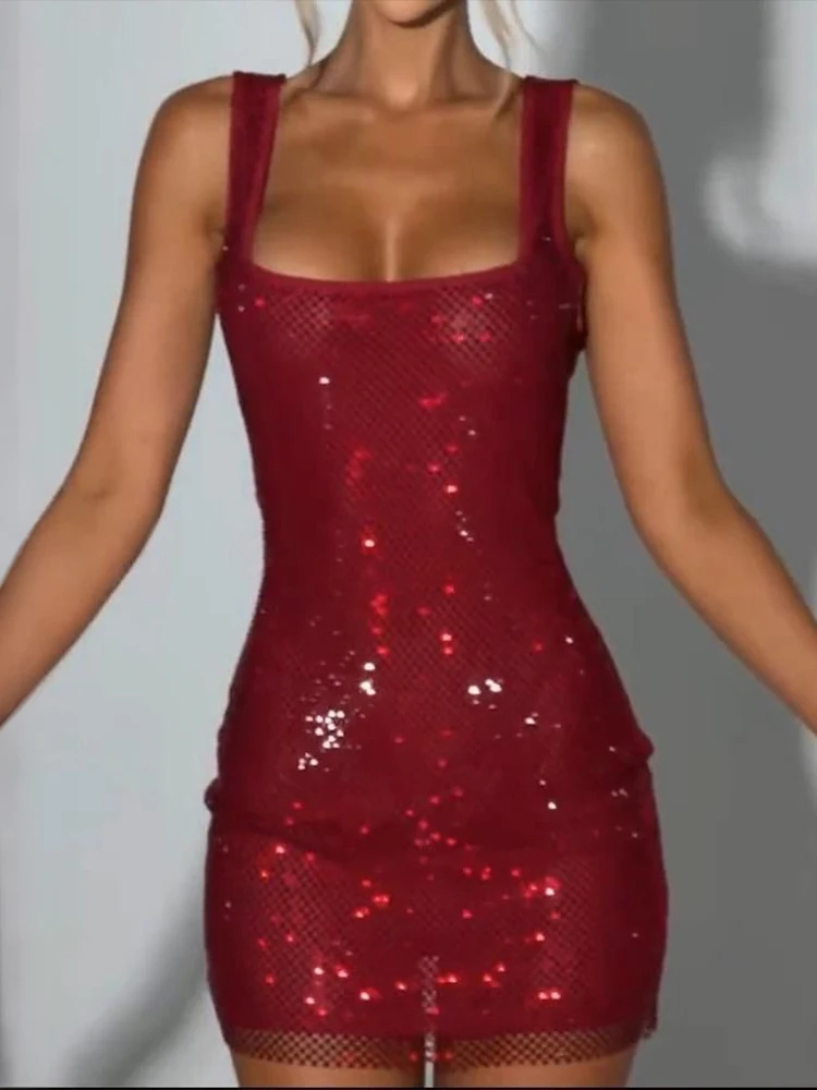 Nibber Square Collar Dress Women Sexy Sleeveless Christmas Shiny Thread Patchwork Wild Hottie Party Club Peach Hip Mini Bodycon