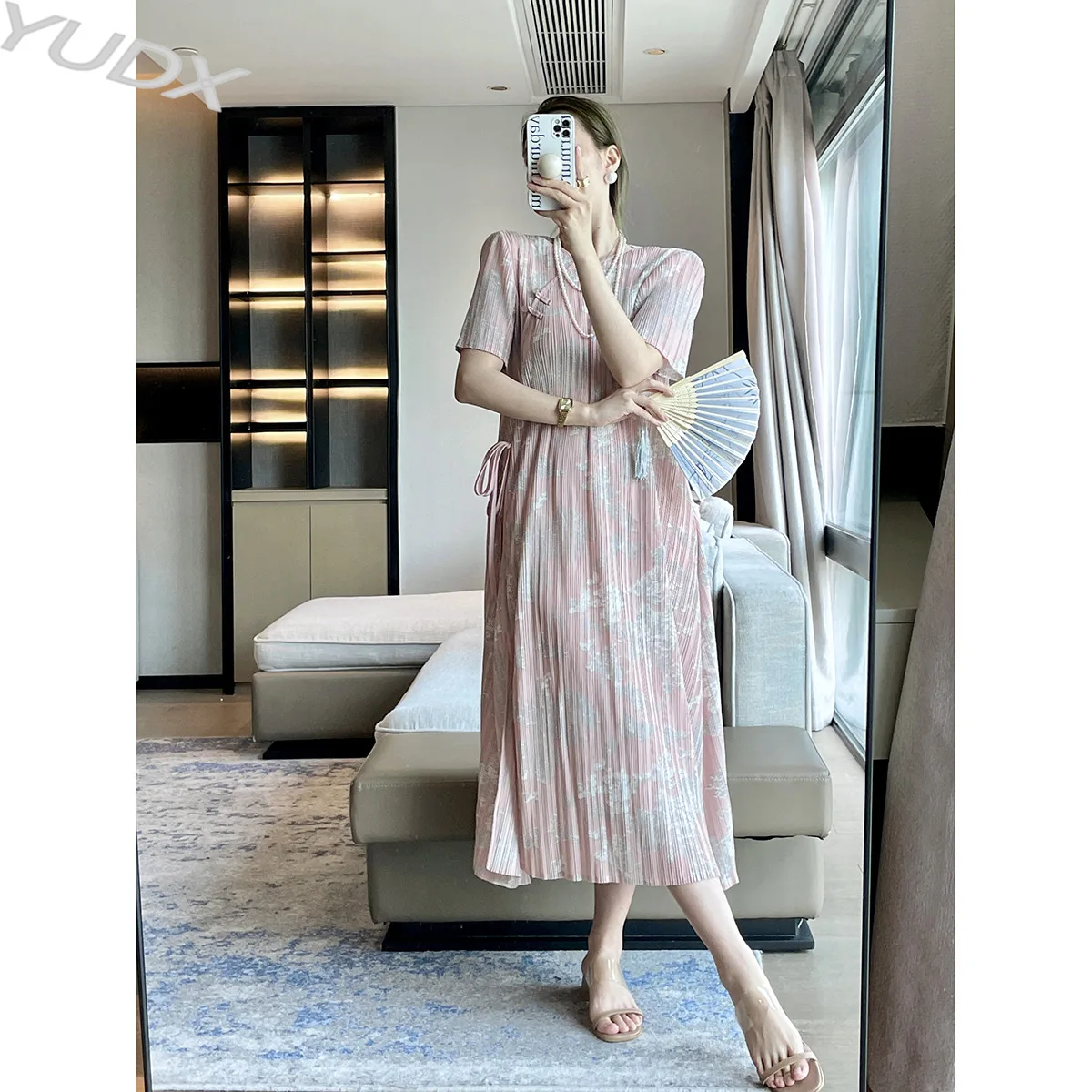 

High Quality Miyake Pleated 2023 Summer New Chinese Retro Print Dress Improved Cheongsam Fashion Temperament Elegant Long Dress