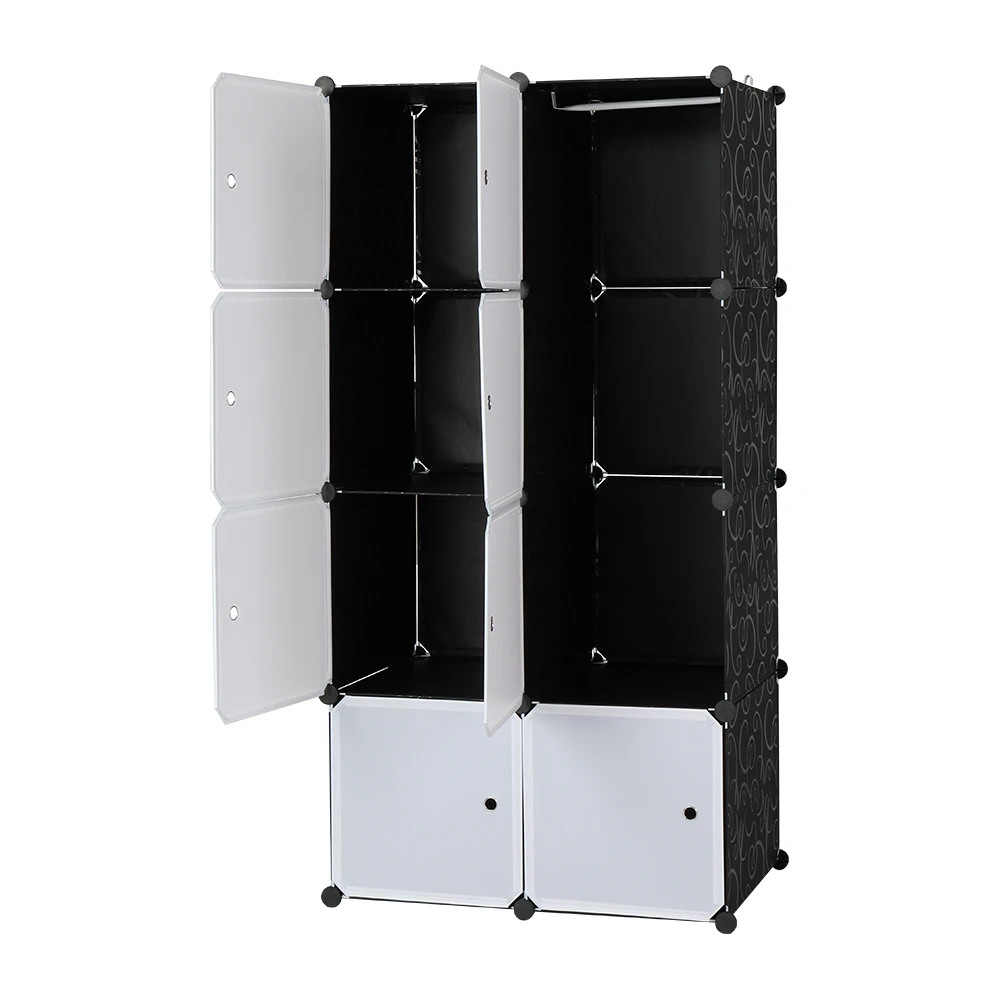 

8 Cube Organizer Stackable Plastic Cube Storage Shelf Design Multipurpose Modular Closet Cabinet with 1 Hanging Rod White Black