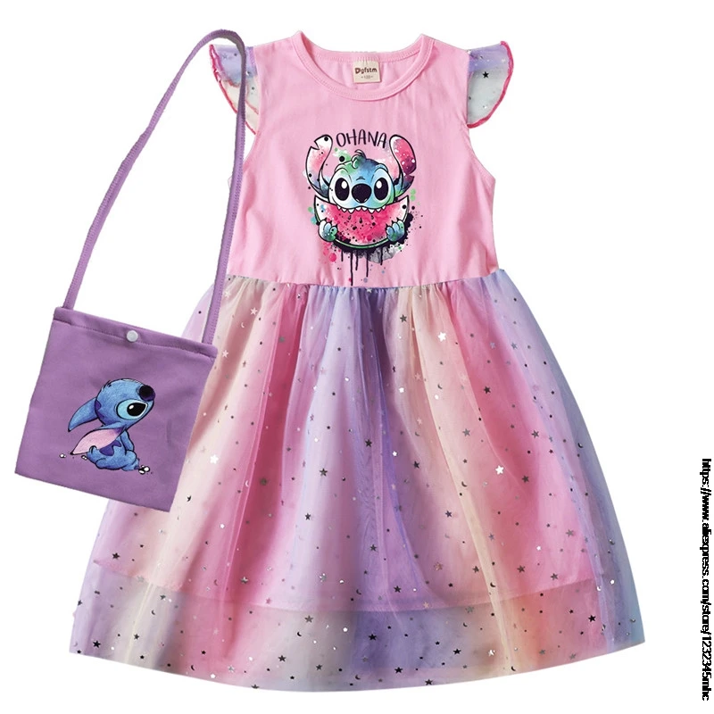 Disney Stitch Fashion Baby Girls T-Shirt Dress + Bag Summer Dress Cartoon Dress Princess Dress Abbigliamento Per Bambina