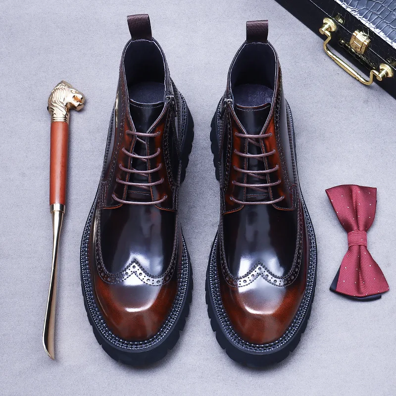 PDEP Martin Boots Thick Soles Shoes for Men Casual Bottines British Brock Cowhide Leather Bota Masculina Sapatos Masculino