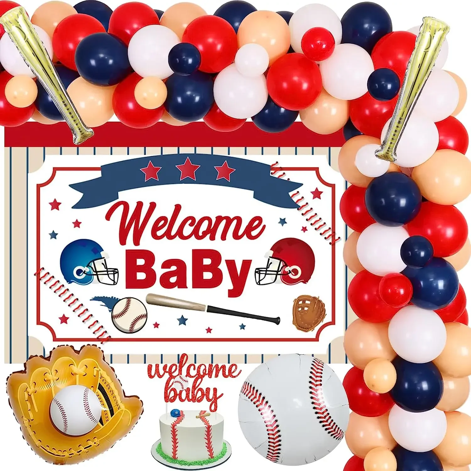 

Baseball Party Decorations for Boy, Welcome Baby Backdrop, Navy Red Balloon, Arch Kit, Glove, Party Supplies