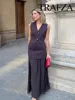 TRAFZA Women 2 Piece Set V-Neck Sleeveless Button Knitted Vest Top+Elegant Splicing High Waist Zipper Long Skirts Holiday Suits 6