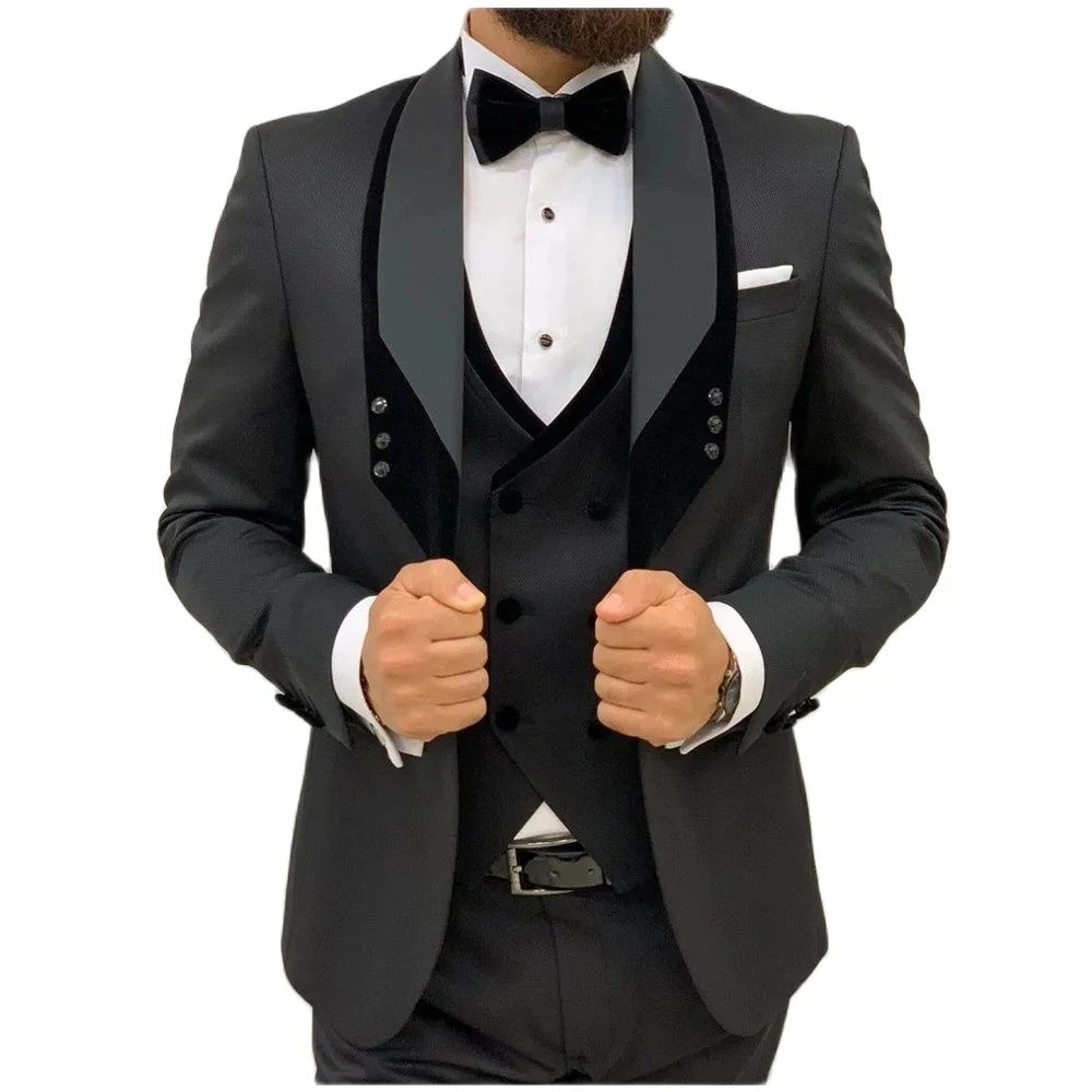 

Suits For Men Slim Fit Black Velvet Lapel Patchwork Collar Formal Business Fashion Wedding Groom's Suit Tuxedo 3 Pieces