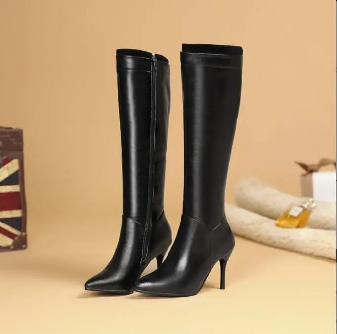 Fashion Woman Autumn Winter Knee High Boots Lady Fashion High Heels Boots Women PU Leather Black White Zipper Long Shoes