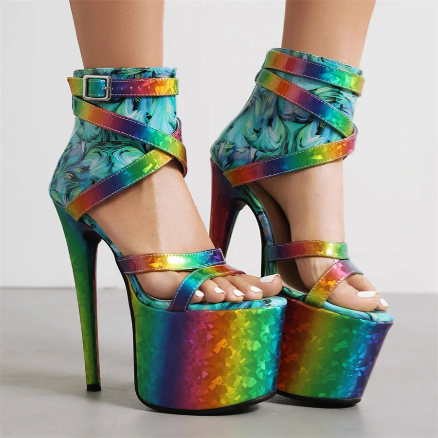 

High Heel Women Sandals 2023 Open Toe Iridescent Platform Sexy Stiletto Stripper Nightclub Elegant Lady Shoes Dropshopping