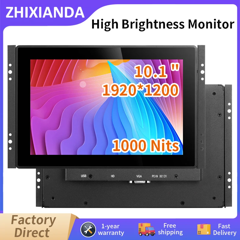 고휘도 1000 Nits 10.1 인치 1920*1200 방수 평면 진정한 용량 성 터치 스크린 모니터 산업용 HDMI VGA 디스플레이