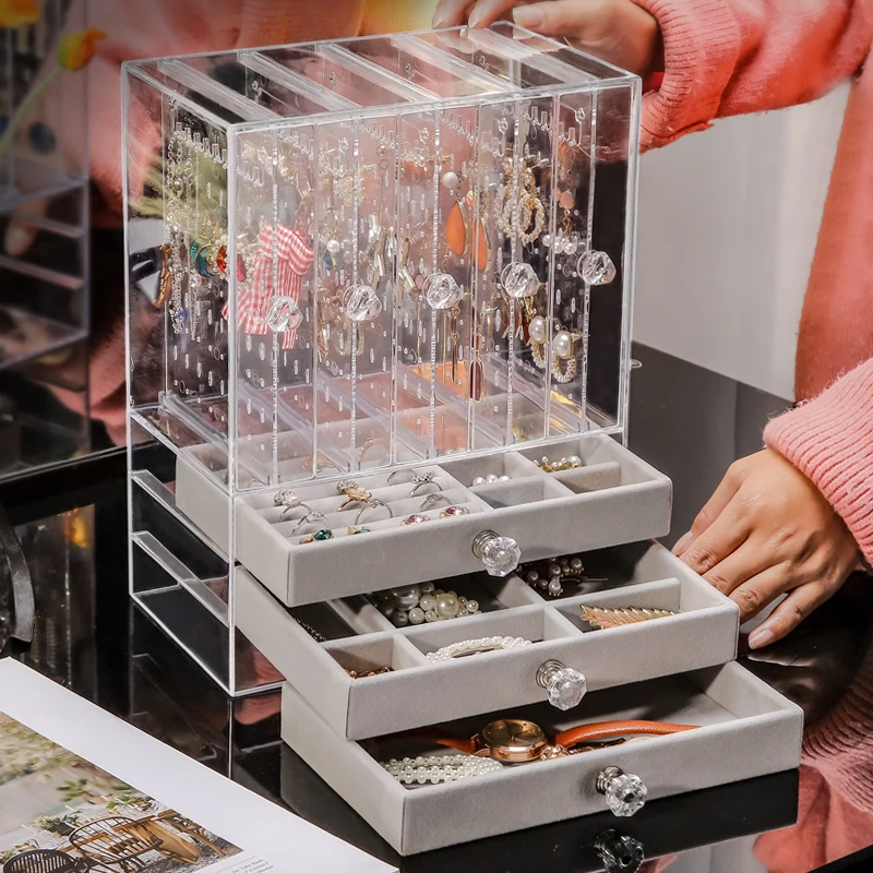 Transparent Jewelry Box Drawer Ring Bracelet Earrings Jewelry Boxes Organizer Velvet Necklace Display Stand Accessories Storage
