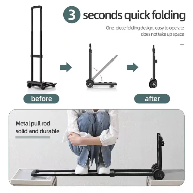 Összecsukható Kézi Teherautó Nagy Teherbírású Poggyászkocsi Segédprogram Dolly Platformkocsi 2 Kerékkel 1 Elasztikus Kötelek Az Utazás Mozgó Vásárláshoz - Image 4