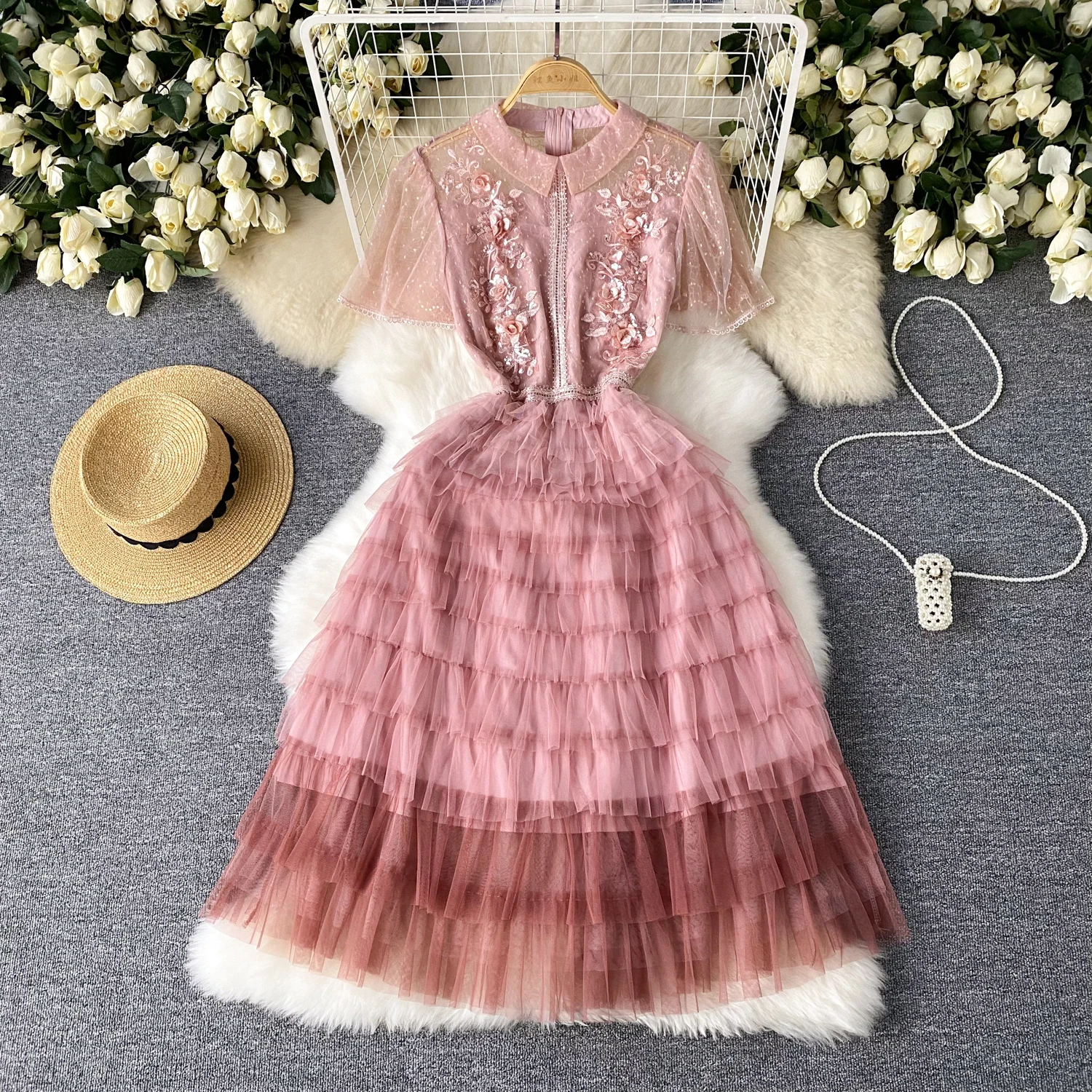 

Женское винтажное платье с коротким рукавом, элегантное платье-трапеция с отложным воротником и вышивкой, базовые пляжные платья, весна-лето