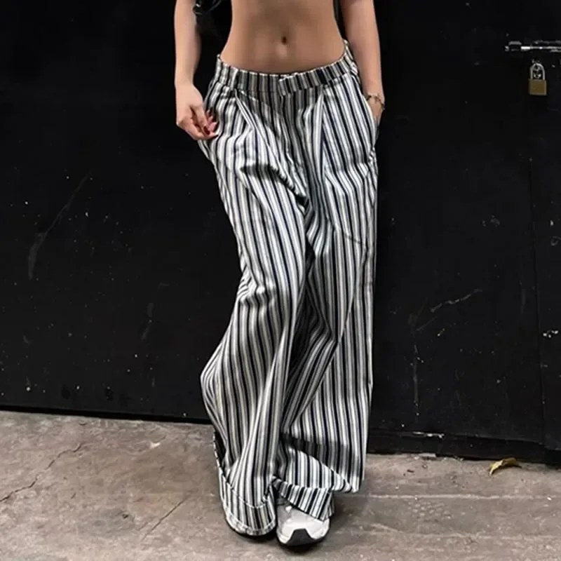 2024 Vintage Contrast Striped Casual Pants Women Y2K Streetwear Hot Girls Loose Fashion Street Low Waist Straight Pants NWQ61