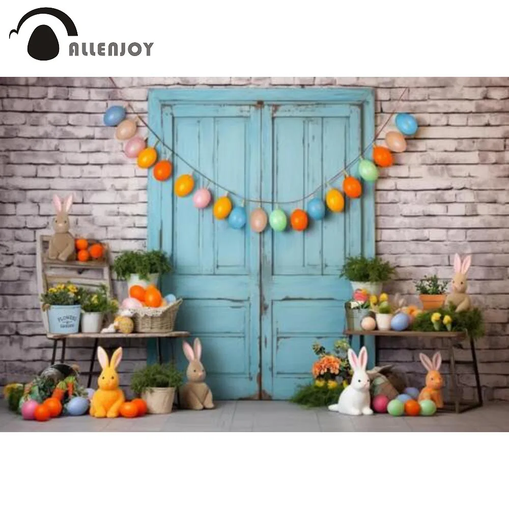 

Allenjoy Colorful Easter Bunnies Eggs Turquoise Door Brick Wall Pot Plants Decor Photoshoot Background Photo Booth Background