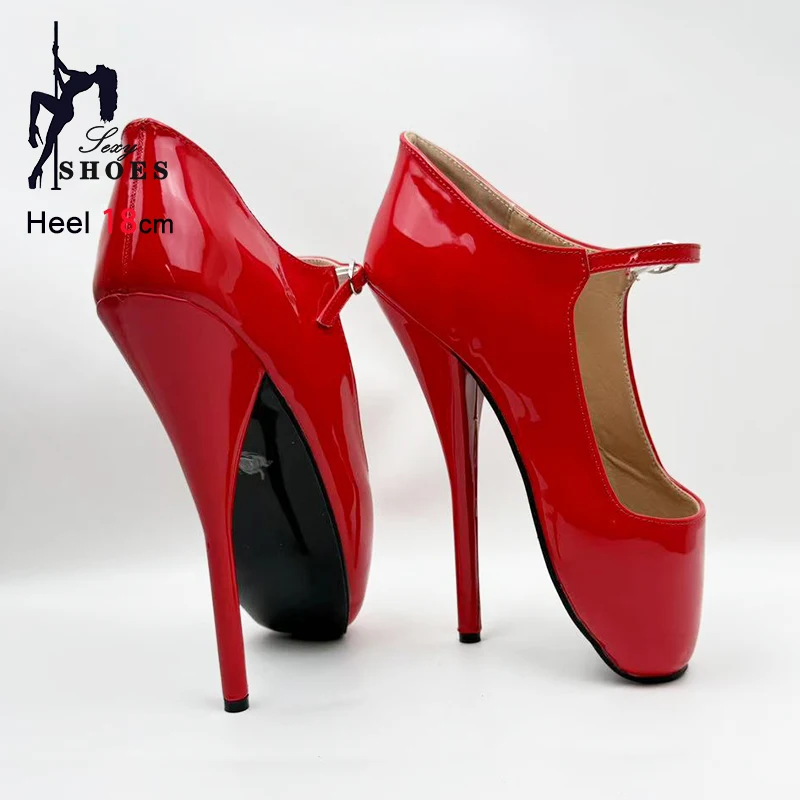 18CM/7Inch High heel Women Fetish Buckle Strap Ballet Shoes Red Pointy Toe Unisex SM Stiletto Heels Fashion Queen Pumps Size 46
