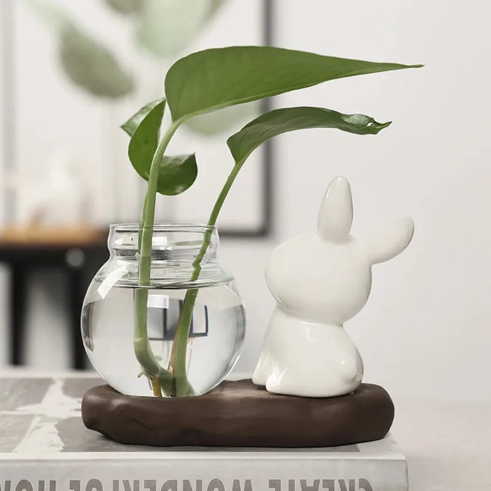 Cute Rabbit Hydroponic Plant Vases Transparent Glass Vase Tabletop Decoration Aquatic Flower Bottle with Wooden Base