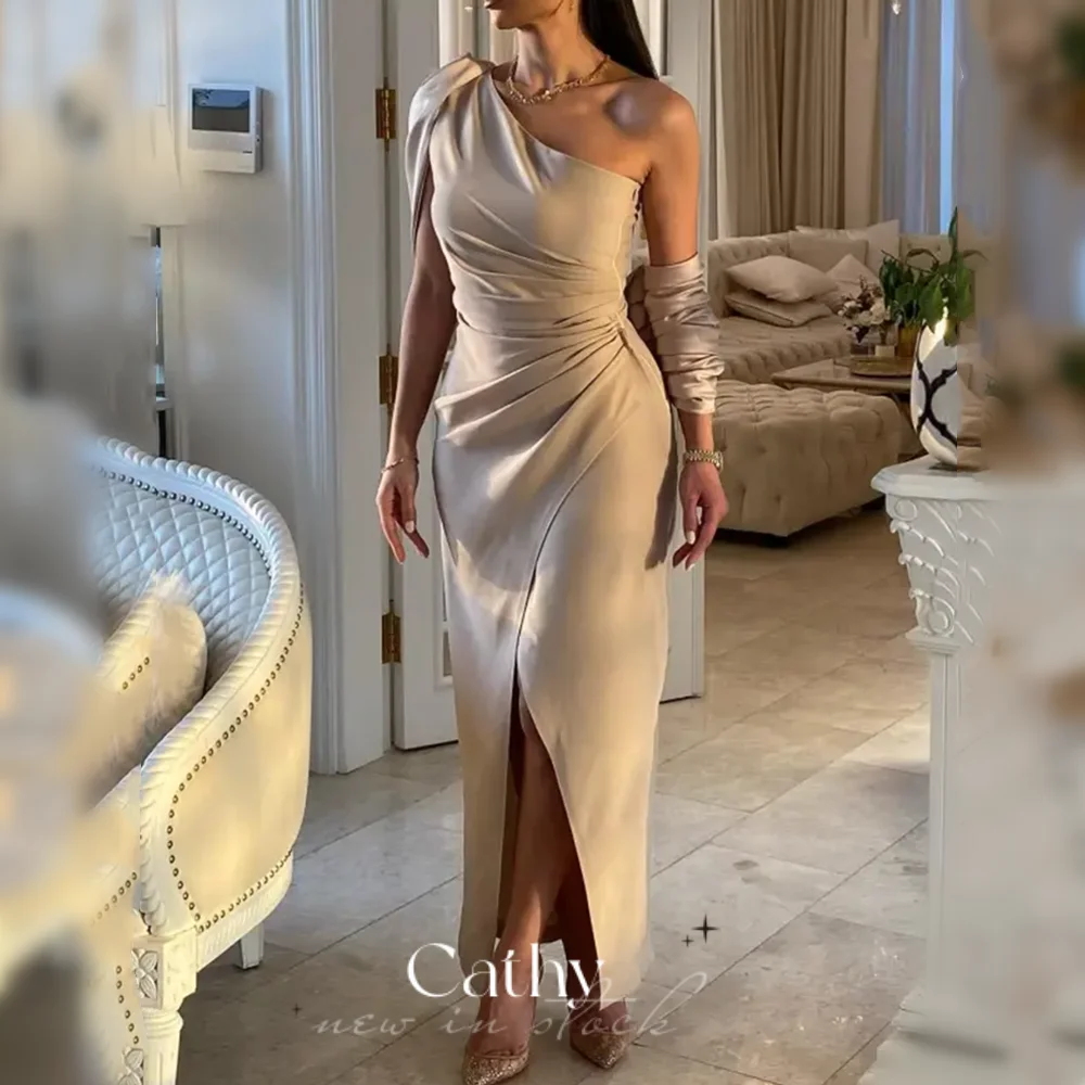 

Cathy Elegant فساتين السهرة Light Mermaid Prom Dress 2023 One Shoulder Party Dresses Silk Trumpet Vestidos De Noche With Cape