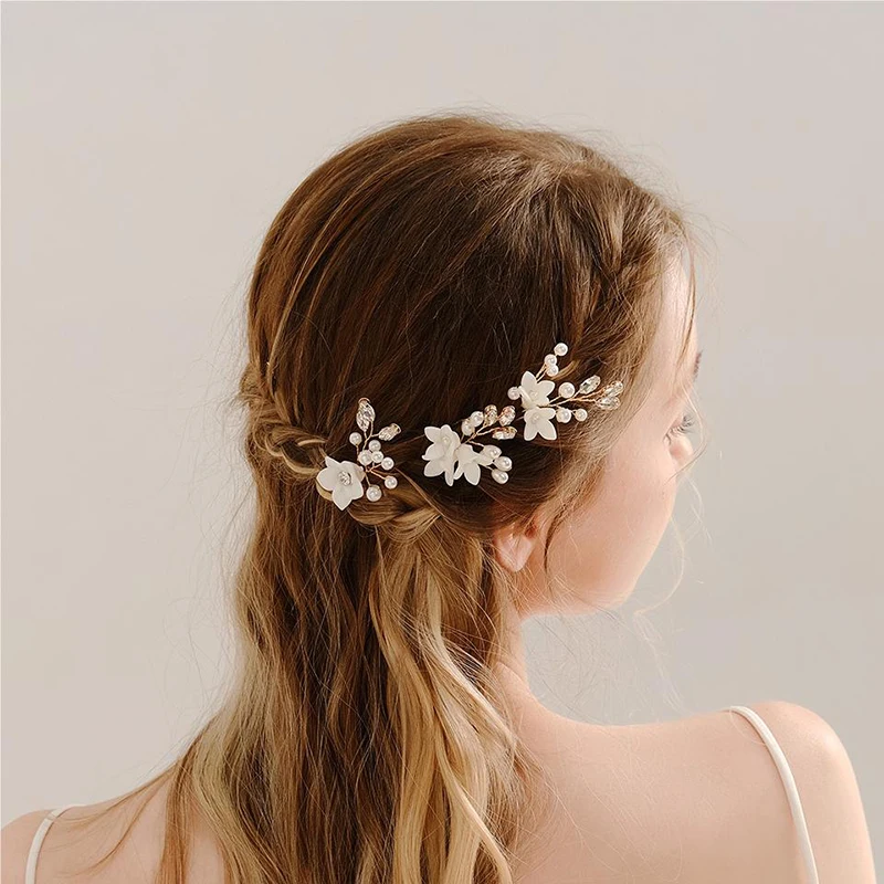 Bride Wedding Ceramic Flower Hair Accessories Pearl Rhinestone Hair Pins For Women Headpiece Jewelry Bridesmaid Gift 3Pcs/Lot