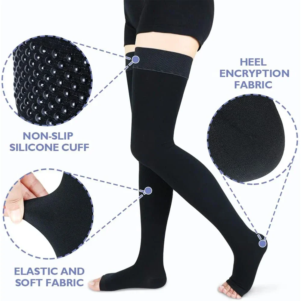Leg Compression Sleeves 1Pair Women Open Toe Thigh High Compression Stockings Silicone Band 20-30mmHg Graduated Support Varicose Veins Edema Flight