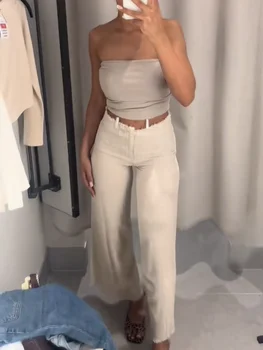 Pantaloni lunghi in lino solido moda per donna Pantaloni eleganti a gamba larga a vita media Pantaloni chic dritti larghi con bordo nappa da strada femminile 1