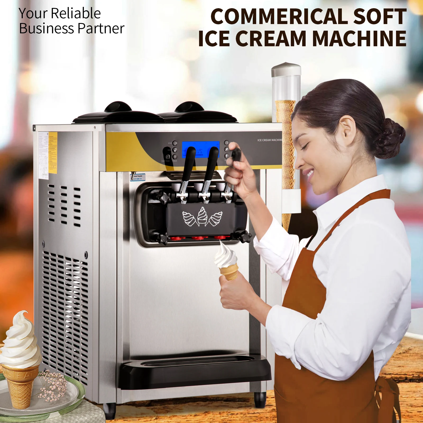 22-30 L/H Soft Ice Cream Machines Commercial Tricolor Desktop Sweet Cone Freezing Equipment Vending Machine ice cream maker