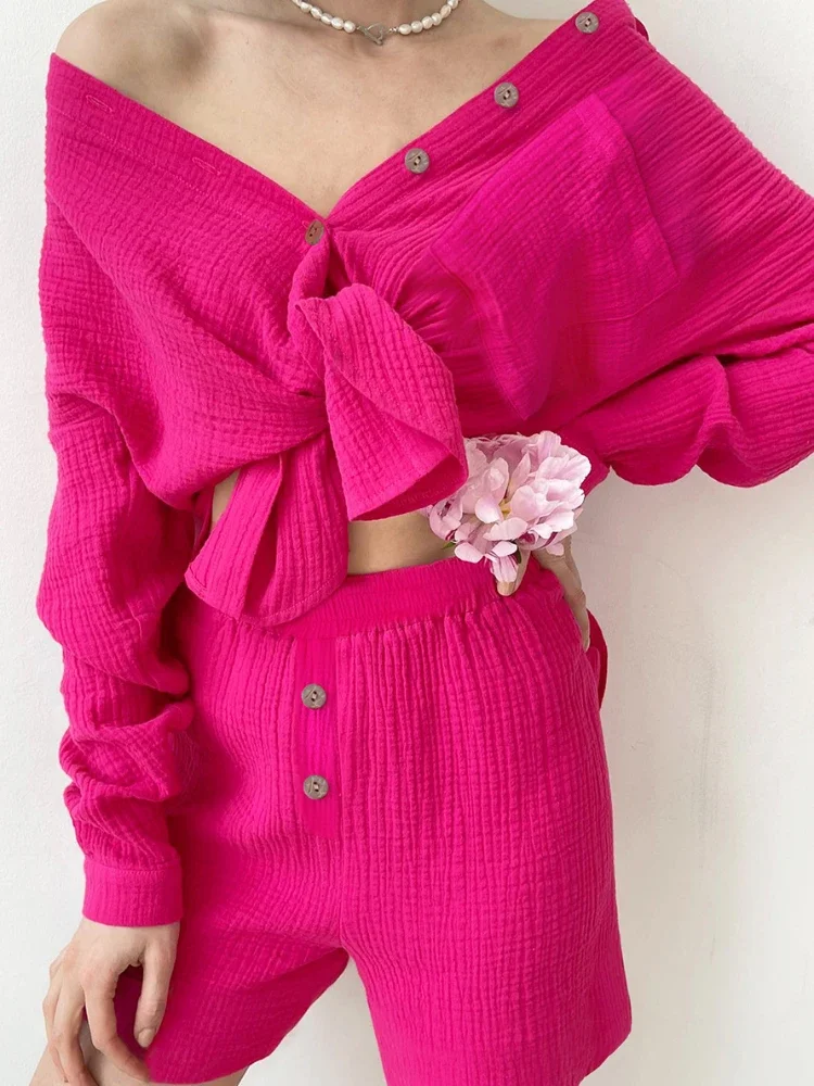 

Женская рубашка с длинным рукавом и шорты, повседневный однотонный комплект из двух предметов, рубашка с воротником со складками и карманами на пуговицах, весна-осень 2023