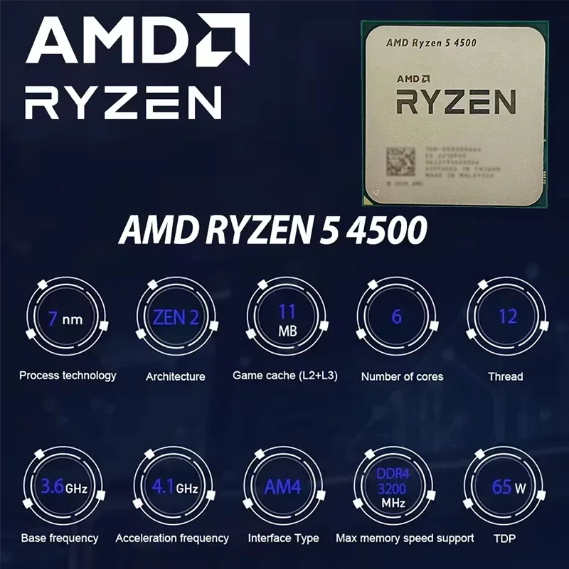 AMD Ryzen 5 4500 네이키드 패키징 소켓 AM4 6코어 12스레드 L3=8MB DDR4 프로세서 65W PCIe 3.0 7NM 새 CPU (팬 미포함)