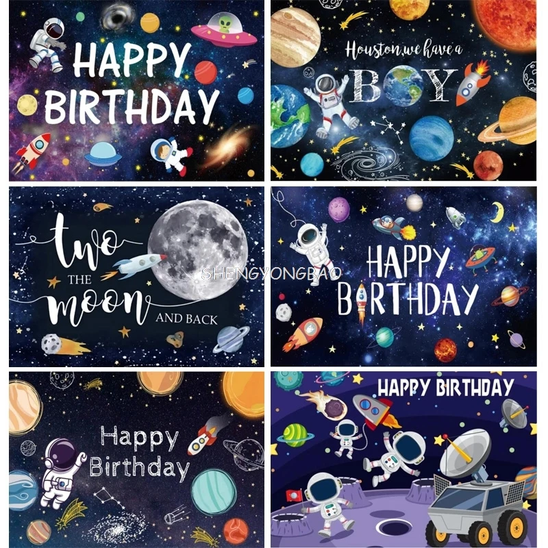 Photo Backdrop Outer Space Happy Birthday Backdrop Galaxy Planet Astronaut Rocket Photography Background Party Cake Table Banner Decor Props