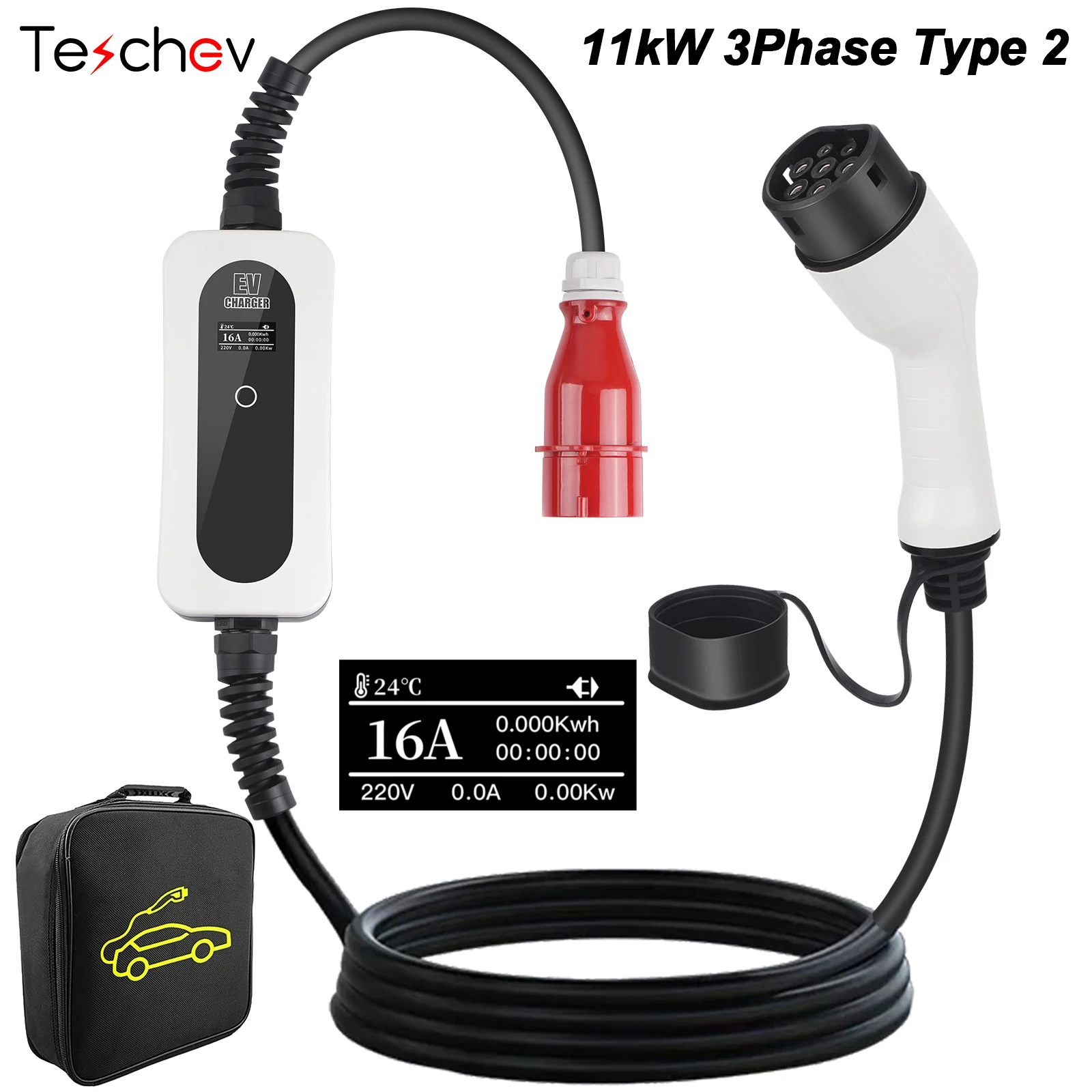 

Teschev Тип 2 портативное зарядное устройство для электромобилей 11 кВт 16 А 3-фазный зарядный кабель EVSE 5 м вилка CEE для электромобиля с сумкой