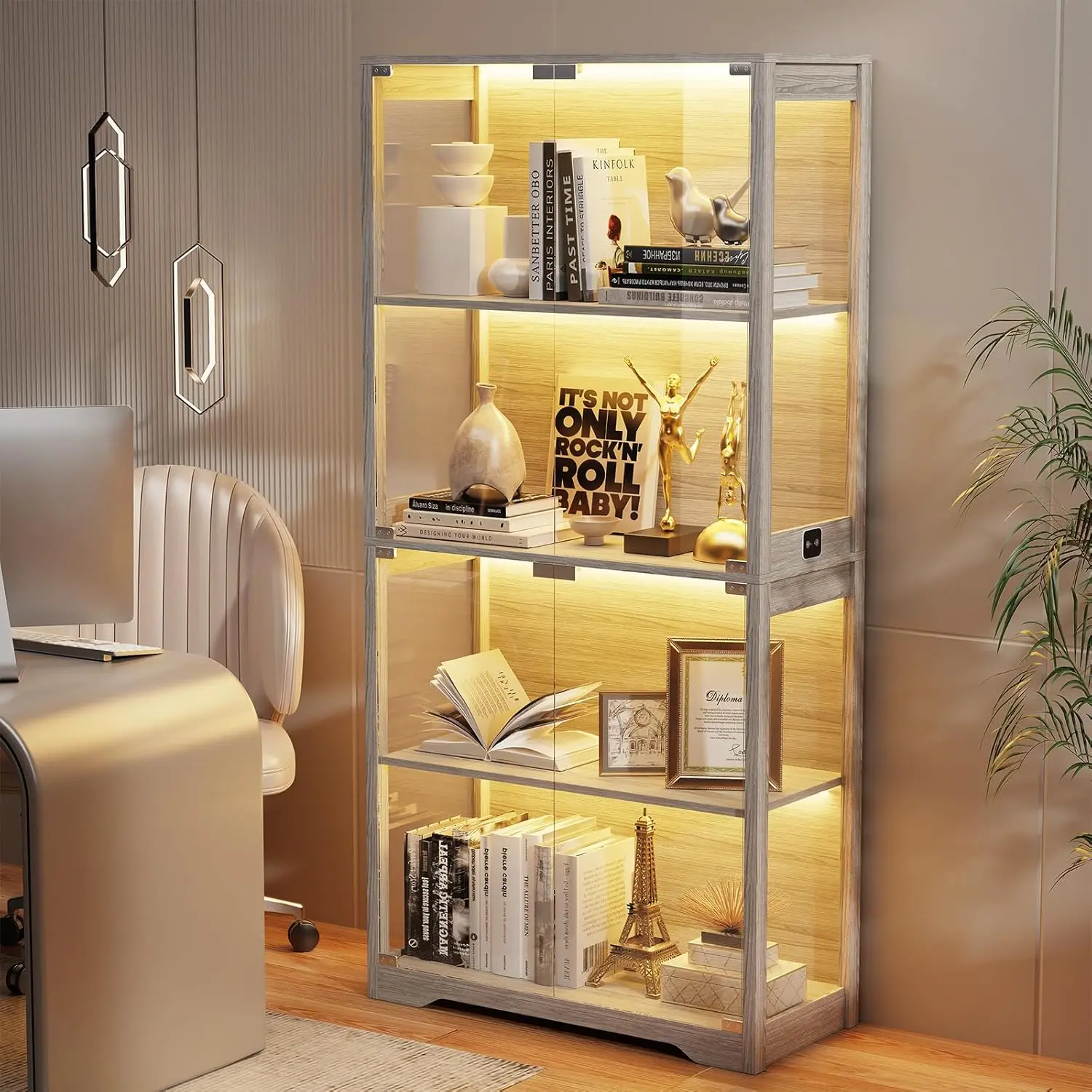 Display Cabinet with Glass Doors, 4-Tier Curio Cabinet with 3 Color Lights for Collectibles