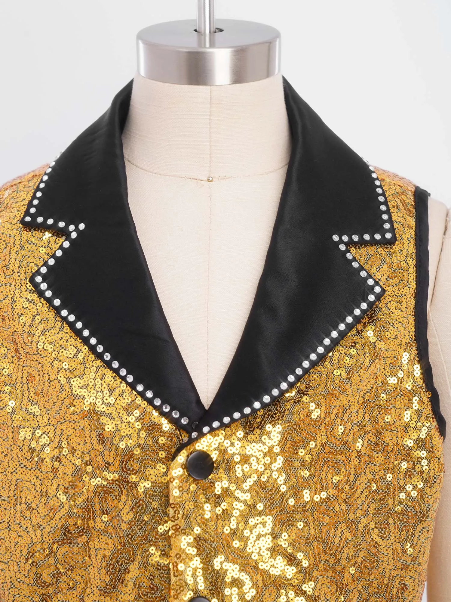 키즈 남아 여아 반짝이 스팽글 조끼 디스코 파티 재즈 힙합 댄스 의상 라펠 칼라 민소매 합창단 조끼 무대 의상