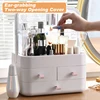 Large Capacity White/Pink Cosmetic Organizer with Transparent Drawers, Elegant Plastic Jewelry Storage Box for Desktop Vanity 4
