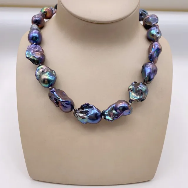 Grand collier de perles baroques irrégulières, boule de flamme, noir, paon, bleu, perles naturelles, bijoux élégants 1