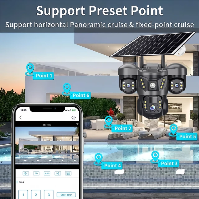 15MP 4G IP Solar Camera 10xZoom Triple Lens Outdoor PTZ Security Camera Auto Tracking Smart Security Protection CCTV Cam V380PRO 6