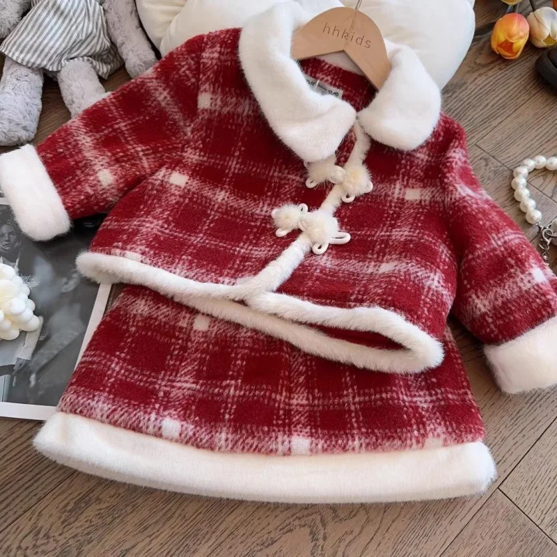 

Girls' Classic Style Princess Suit Winter New Western Style Baby Girls' Thickened Coat Skirt Two-Piece Set