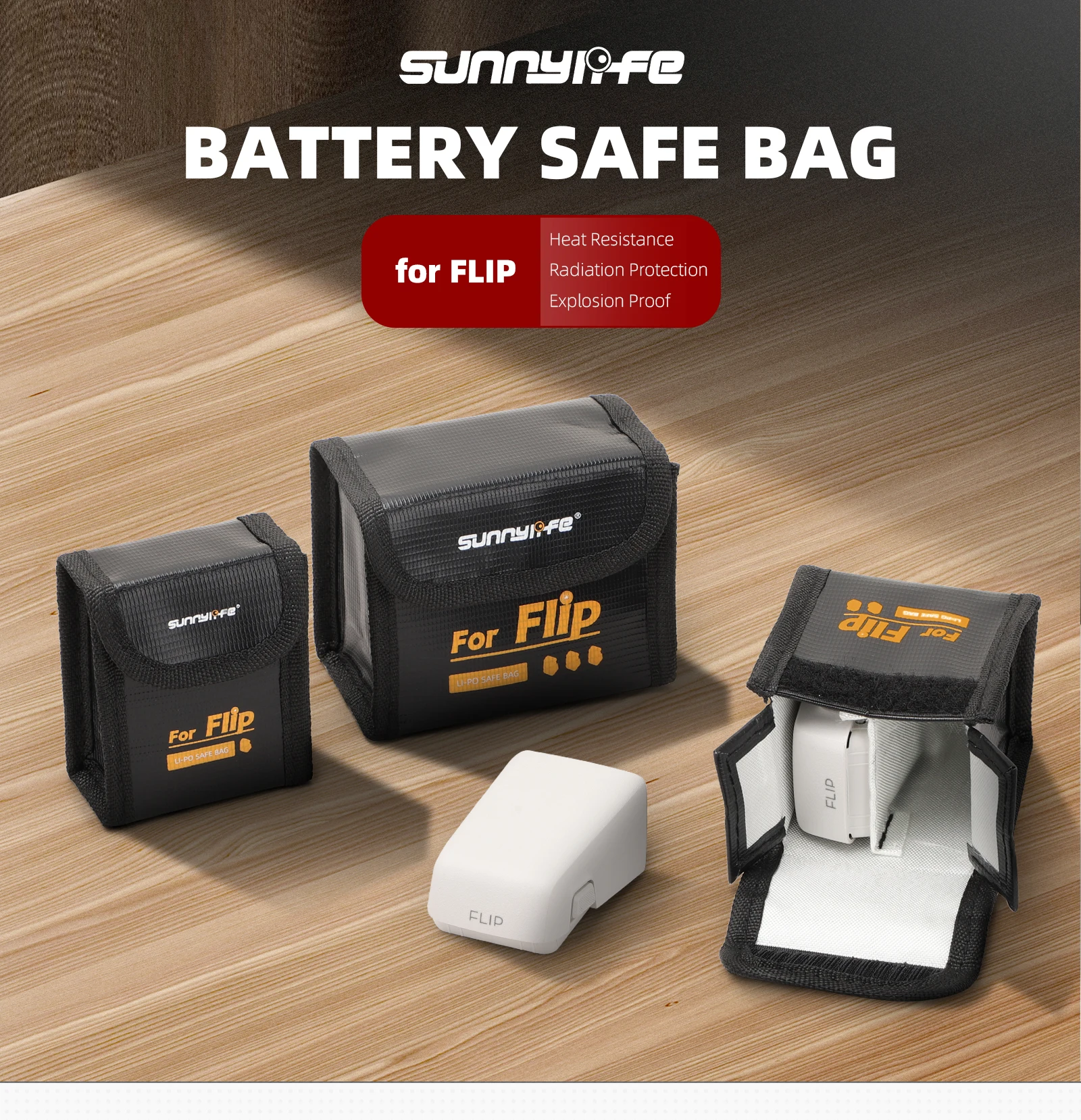 Sac antidéflagrant ouvert montrant trois batteries de drone rangées dans des compartiments séparés, protection haute température.