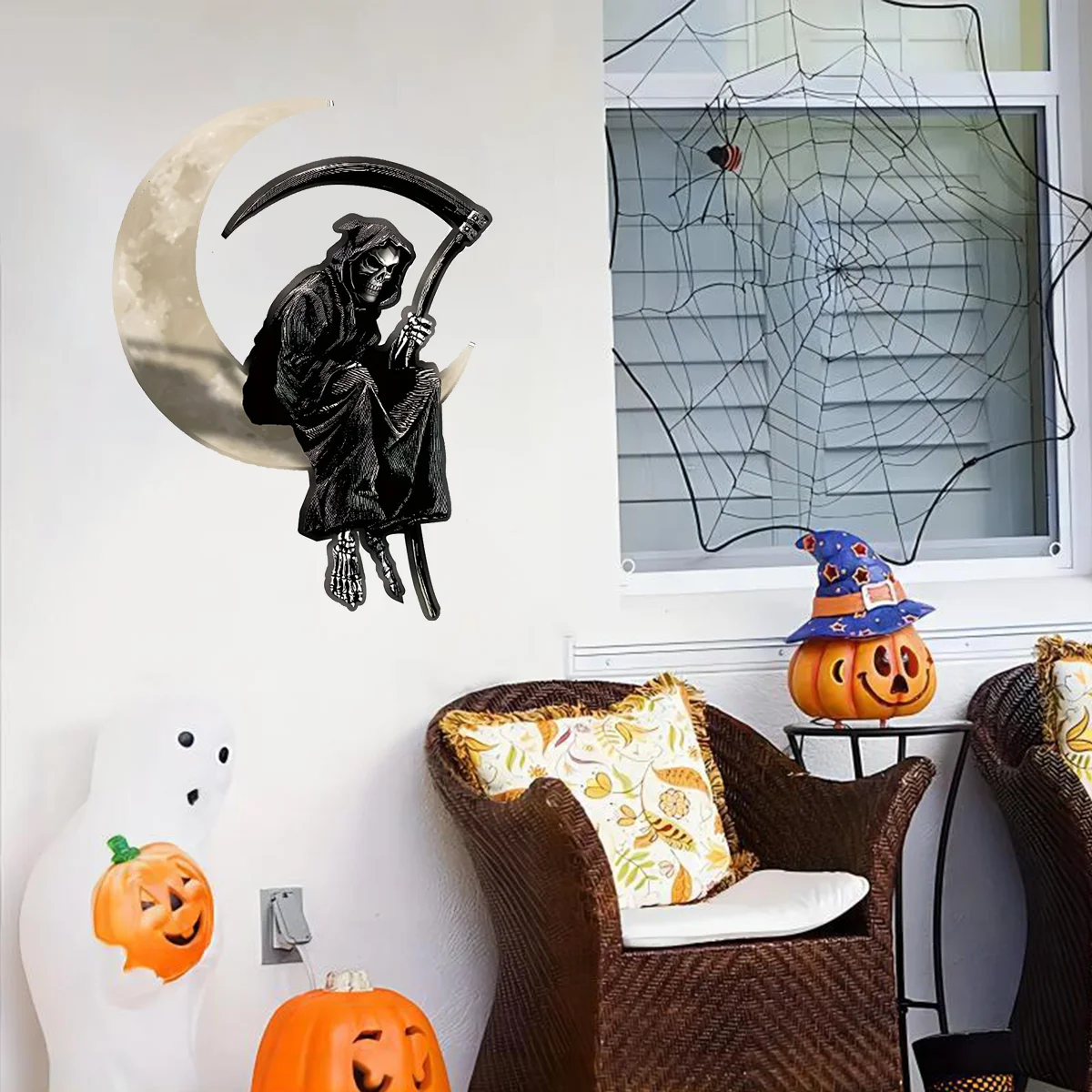

1pc Reaper on Moon Metal Iron Home Art Creepy Wall Sticker for Halloween Decor, Living Room, Outdoor Decor, Home Decor, Bedroom